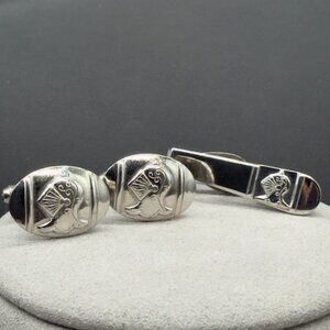 Knight Helmet Cufflinks Tie Clip Set Vintage Silver Tone Mens Accessory Oval